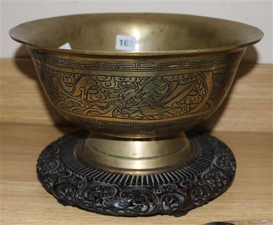 A Chinese bronze bowl on stand